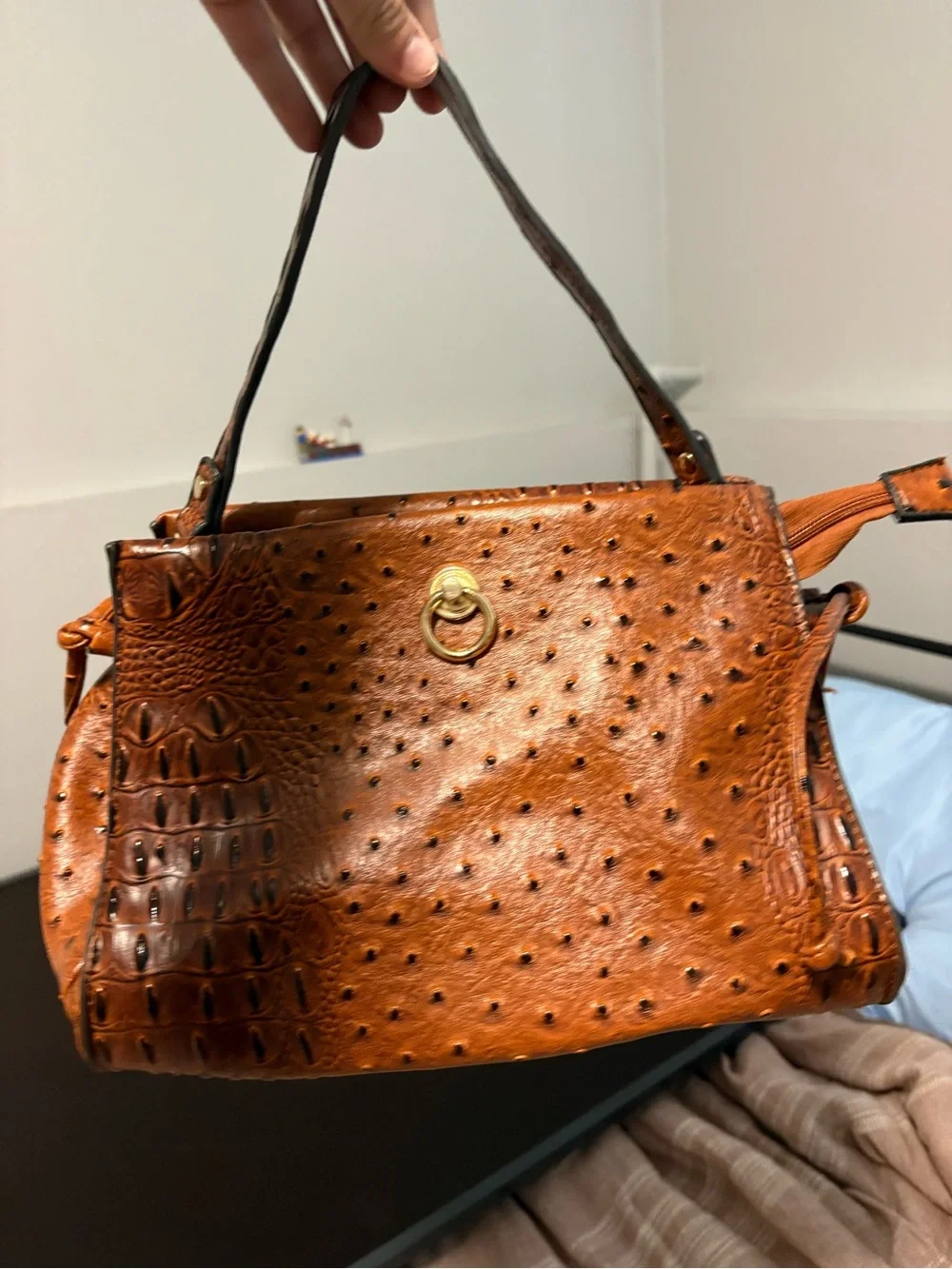 Women’s Tan Faux-Ostrich Top-Handle Bag